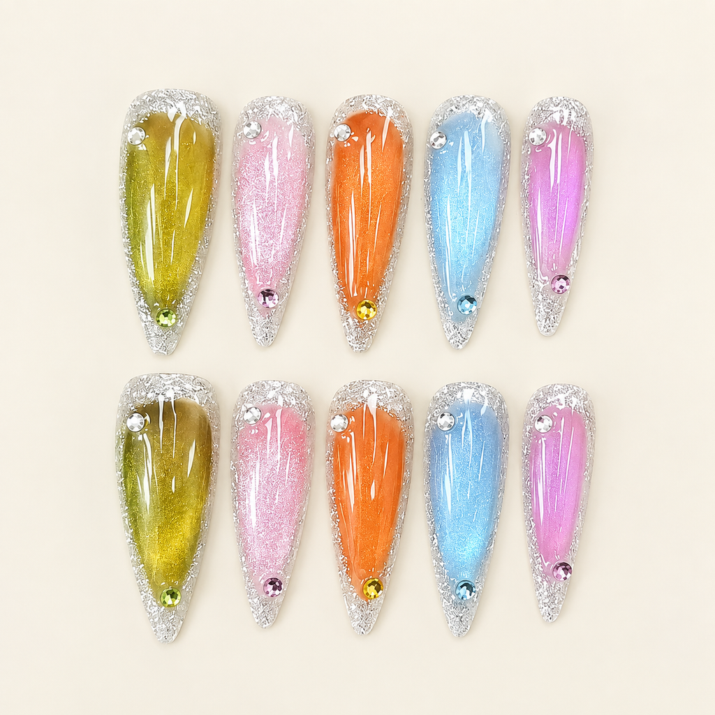 Prism Glow | Multicolor Cat-Eye Glitter Press-On Nails