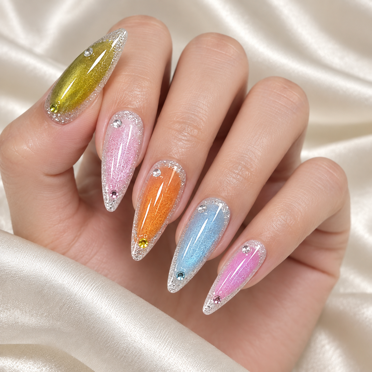 Prism Glow | Multicolor Cat-Eye Glitter Press-On Nails