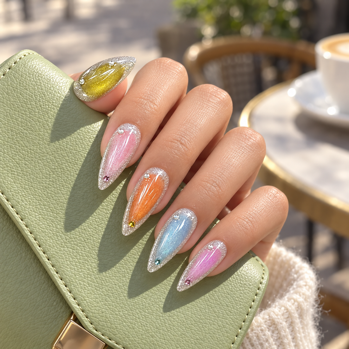 Prism Glow | Multicolor Cat-Eye Glitter Press-On Nails