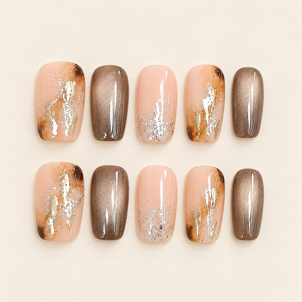 Amber Gild | Nude & Brown Foil Short Press-On Nails