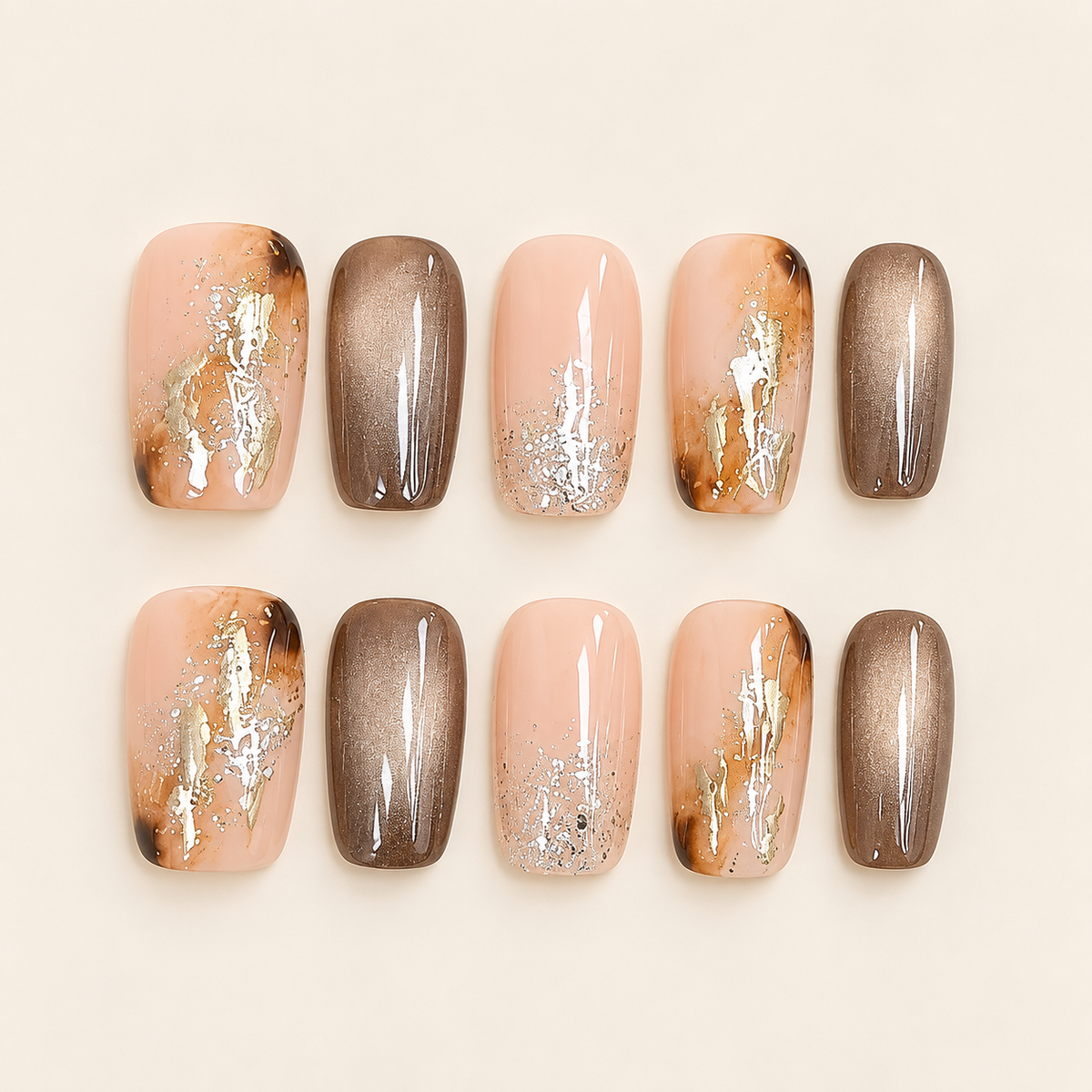 Amber Gild | Nude & Brown Foil Short Press-On Nails