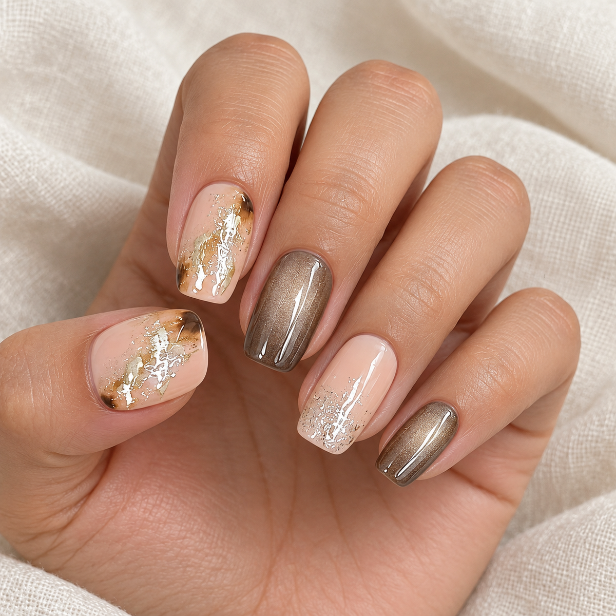 Amber Gild | Nude & Brown Foil Short Press-On Nails