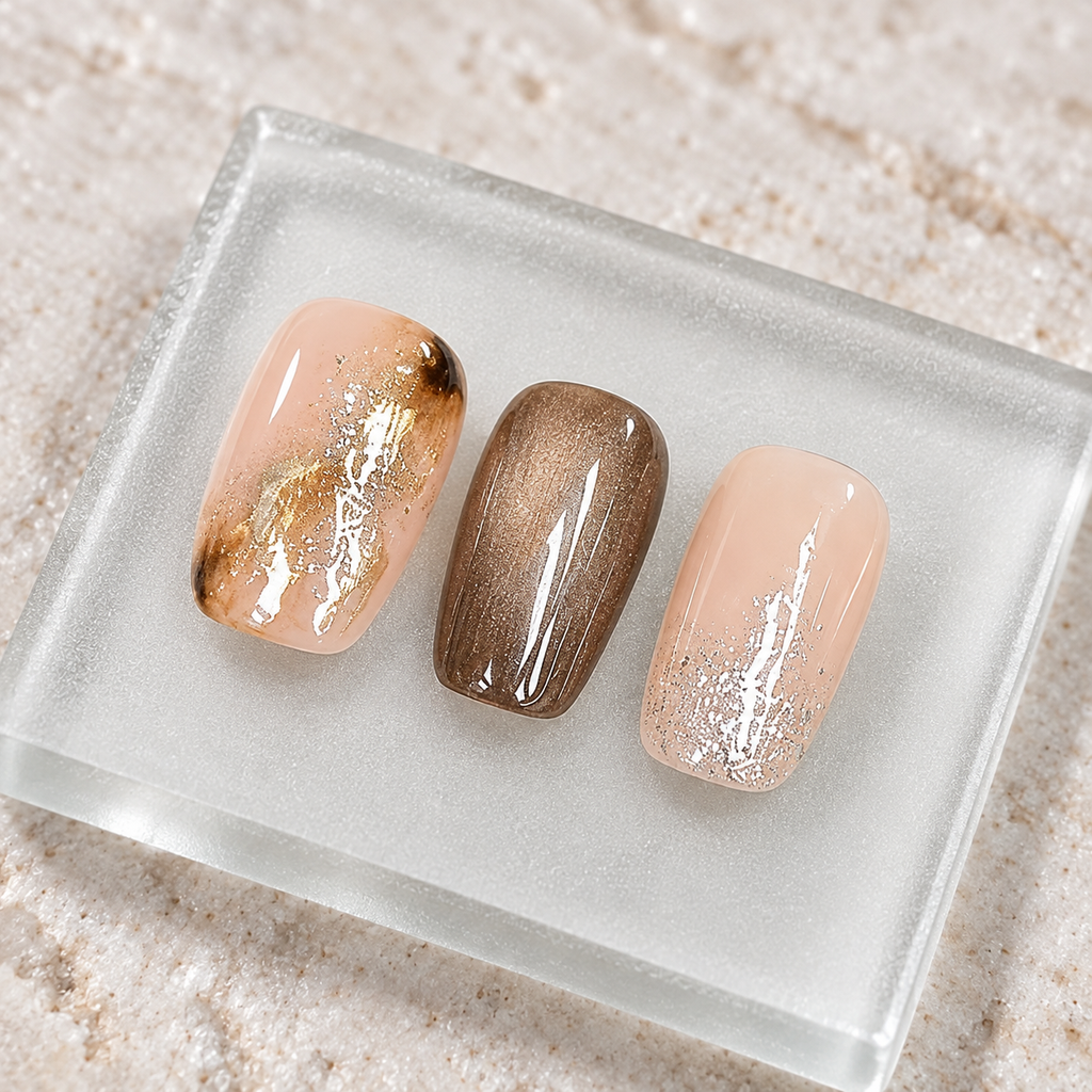 Amber Gild | Nude & Brown Foil Short Press-On Nails