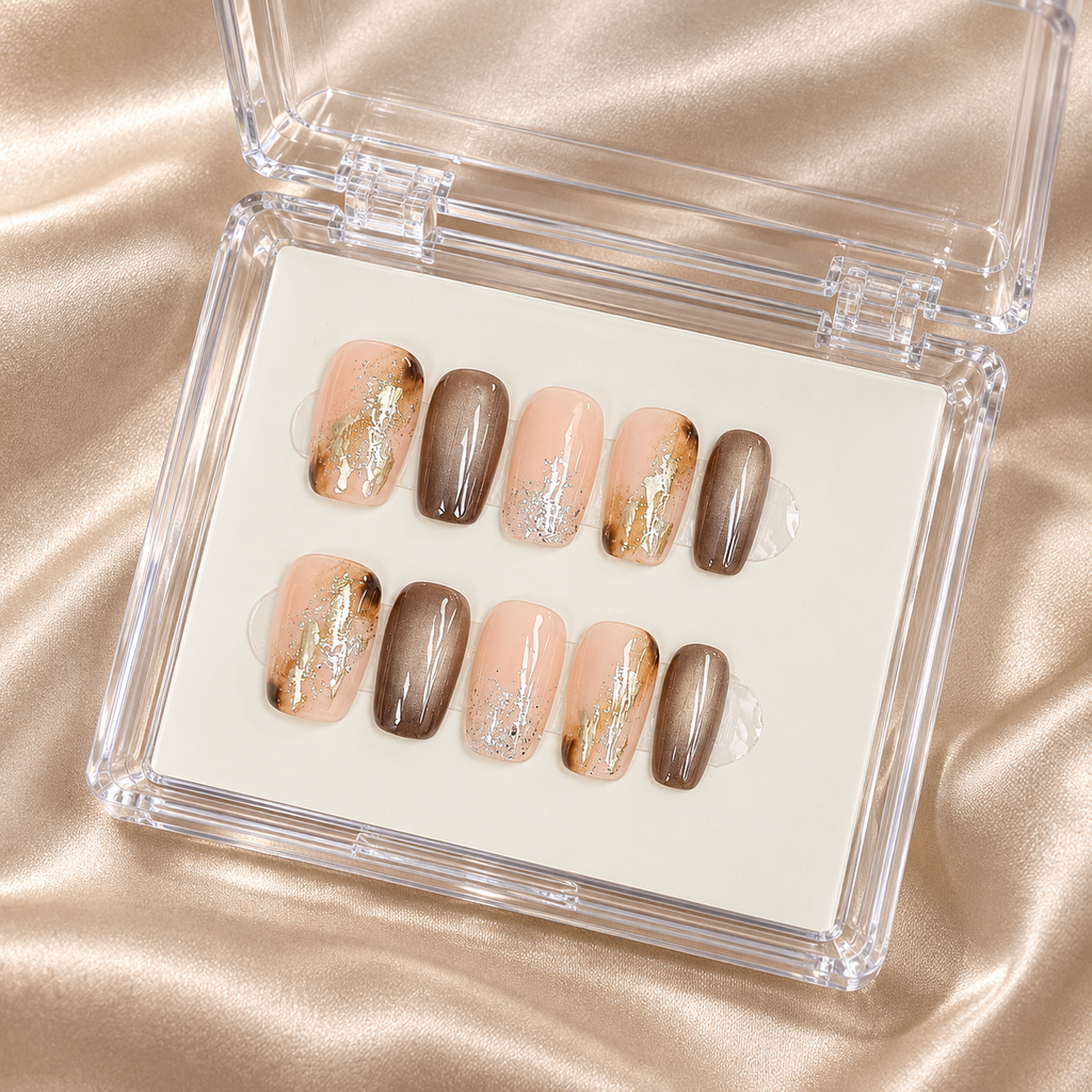 Amber Gild | Nude & Brown Foil Short Press-On Nails