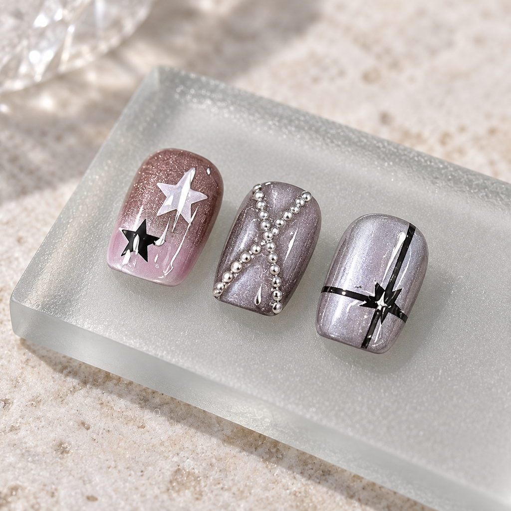 Midnight Muse | Metallic Star Short Press-On Nails