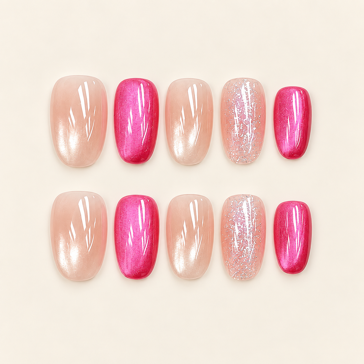 Raspberry Glow | Pink Cat-Eye Oval Press-On Nails