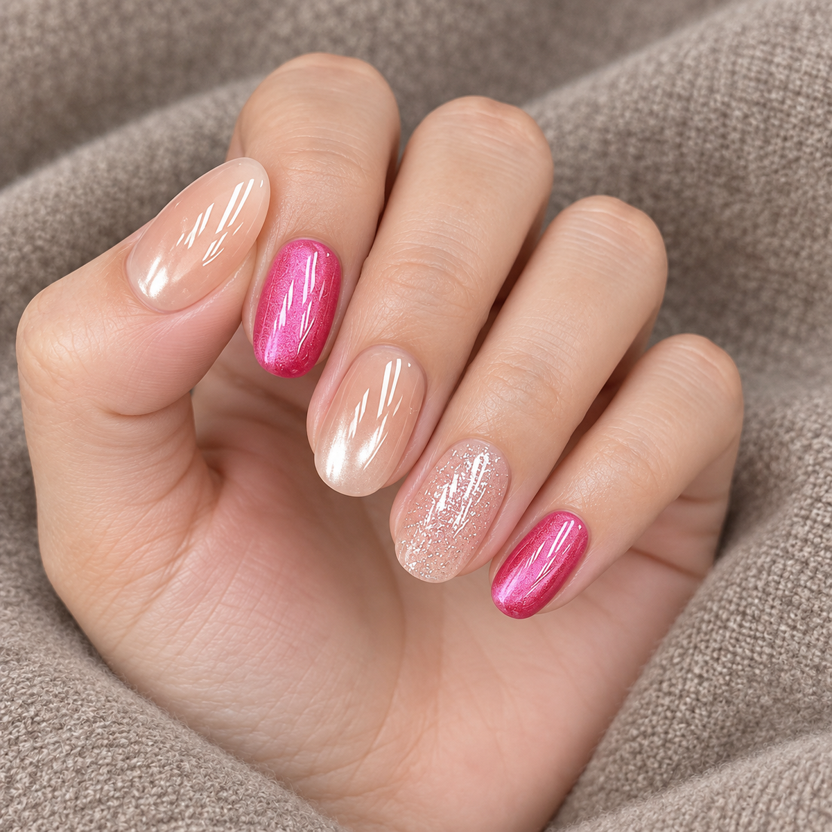 Raspberry Glow | Pink Cat-Eye Oval Press-On Nails