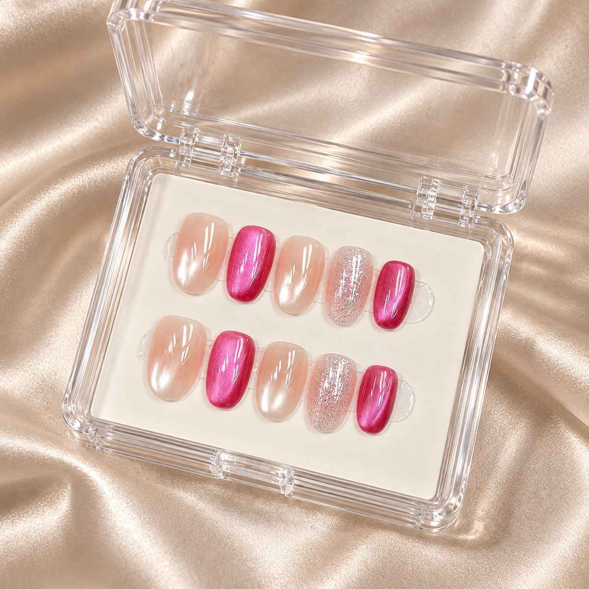 Raspberry Glow | Pink Cat-Eye Oval Press-On Nails