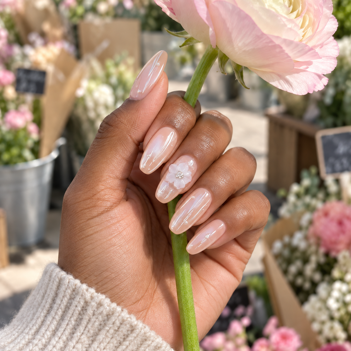 Pearl Petal | Blush Floral Oval Press-On Nails