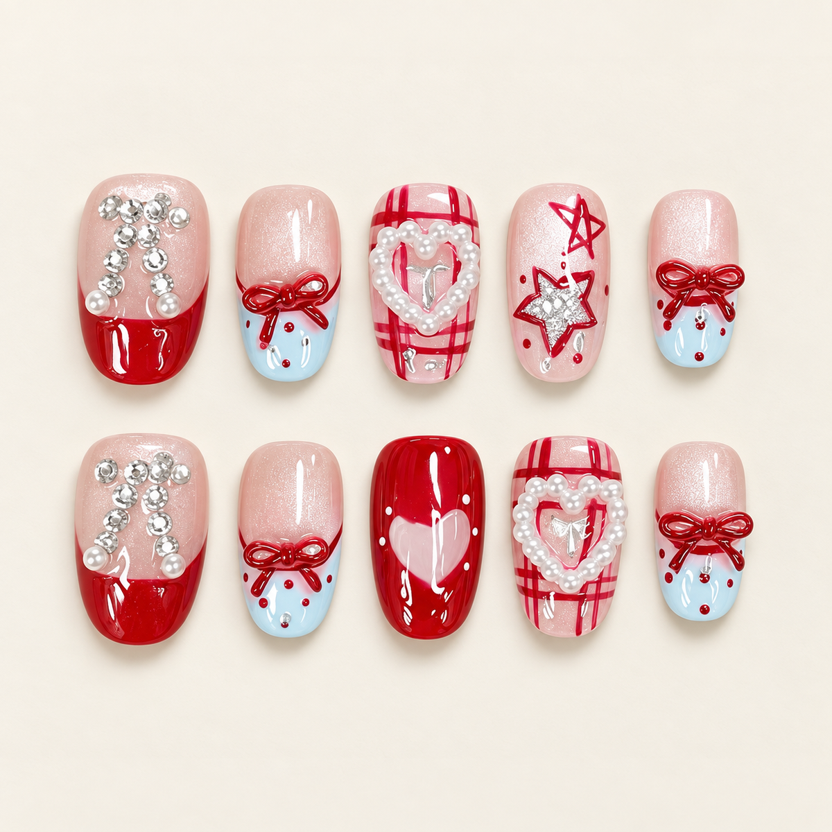 Cherry Ribbon | Red Bow & Heart Short Press-On Nails