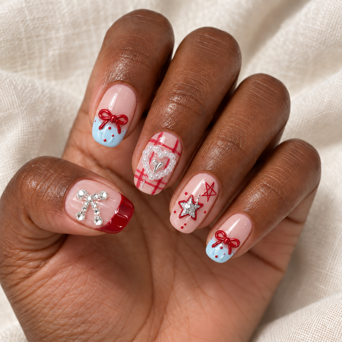 Cherry Ribbon | Red Bow & Heart Short Press-On Nails