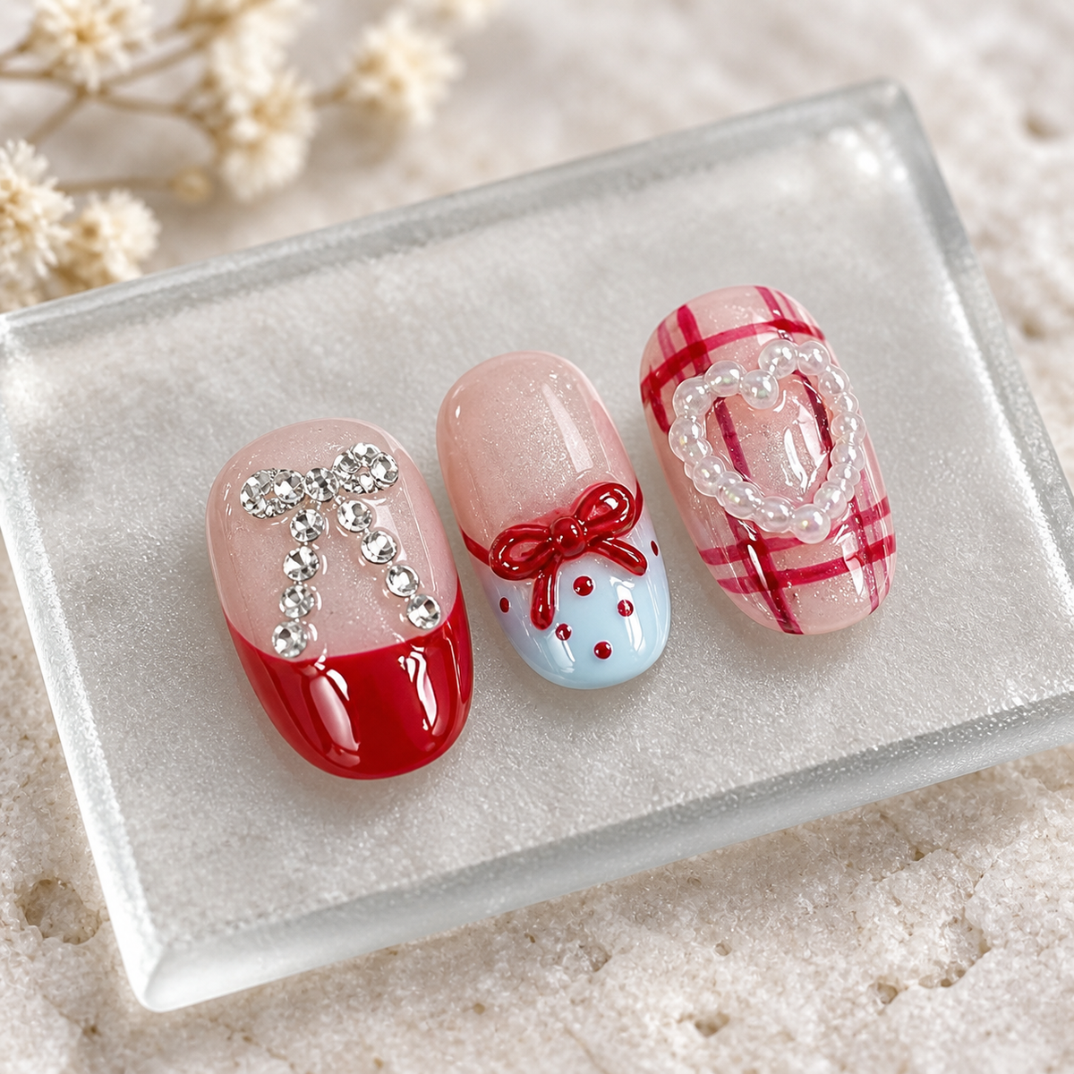 Cherry Ribbon | Red Bow & Heart Short Press-On Nails