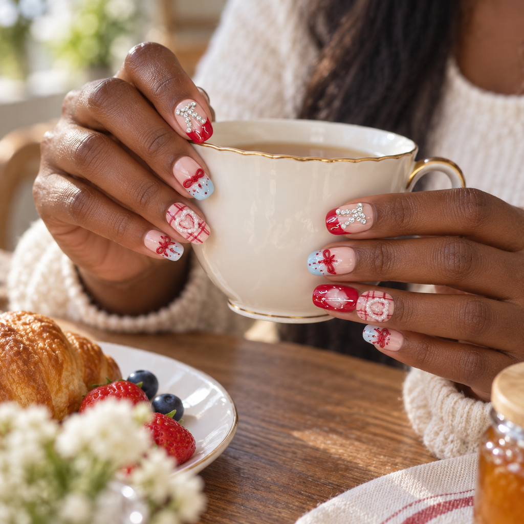Cherry Ribbon | Red Bow & Heart Short Press-On Nails