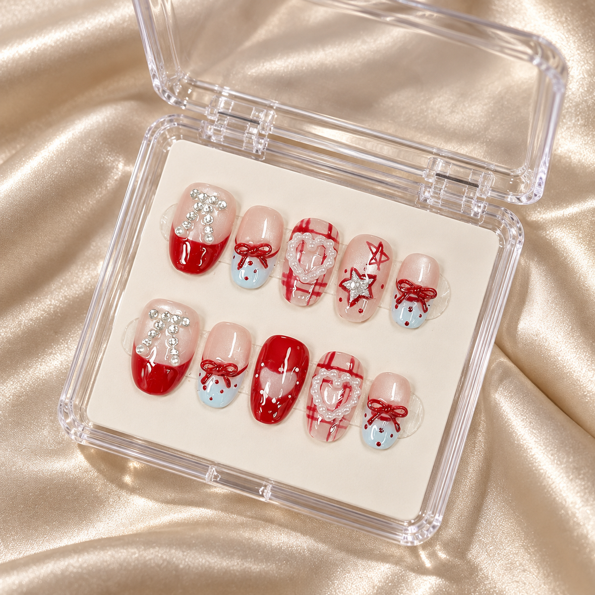 Cherry Ribbon | Red Bow & Heart Short Press-On Nails
