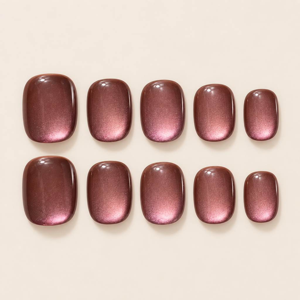 Rosewood Gleam | Burgundy Cat-Eye Short Press-On Nails