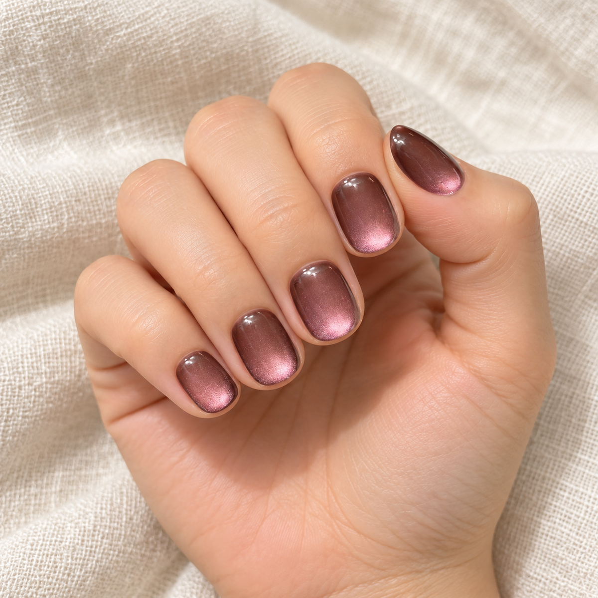 Rosewood Gleam | Burgundy Cat-Eye Short Press-On Nails