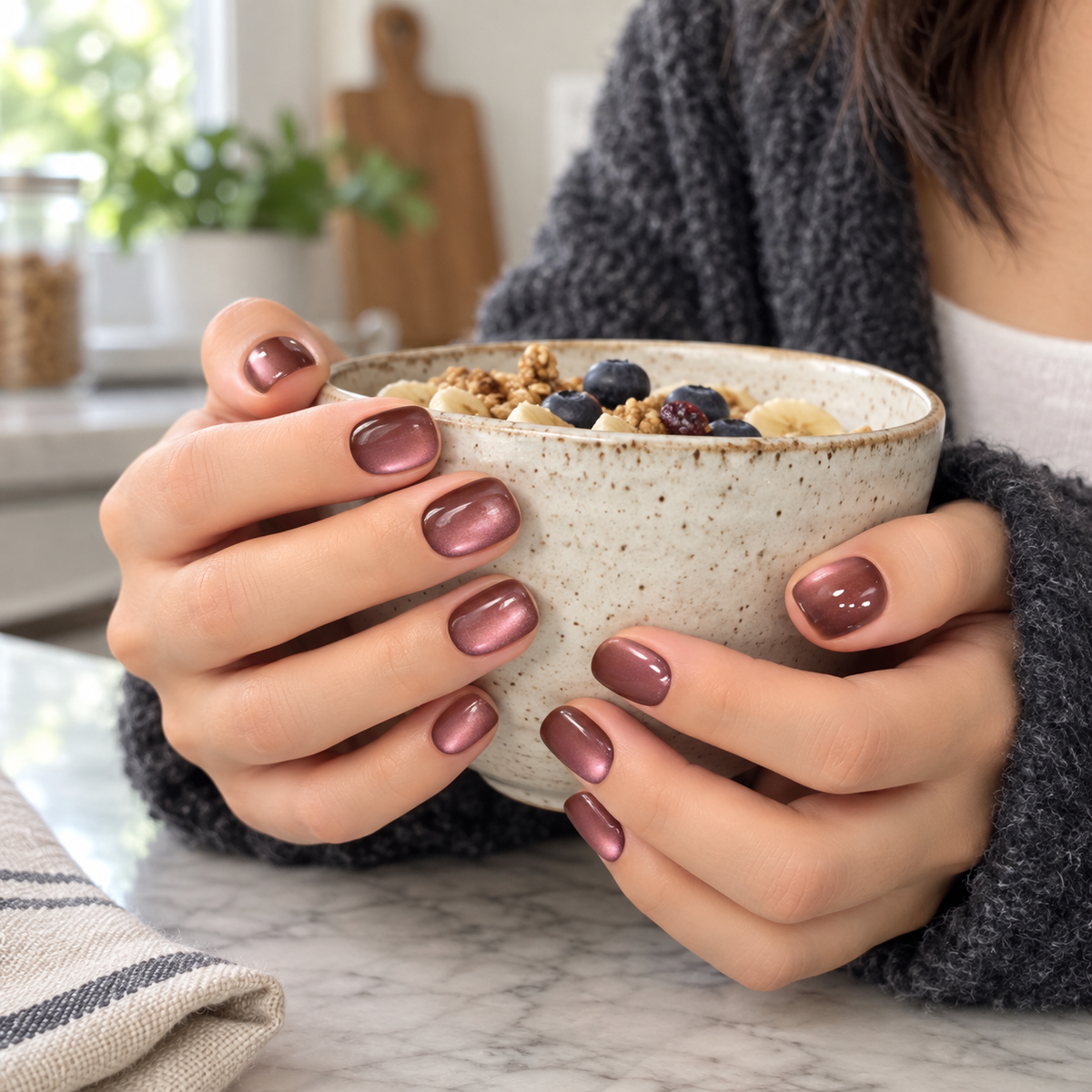 Rosewood Gleam | Burgundy Cat-Eye Short Press-On Nails