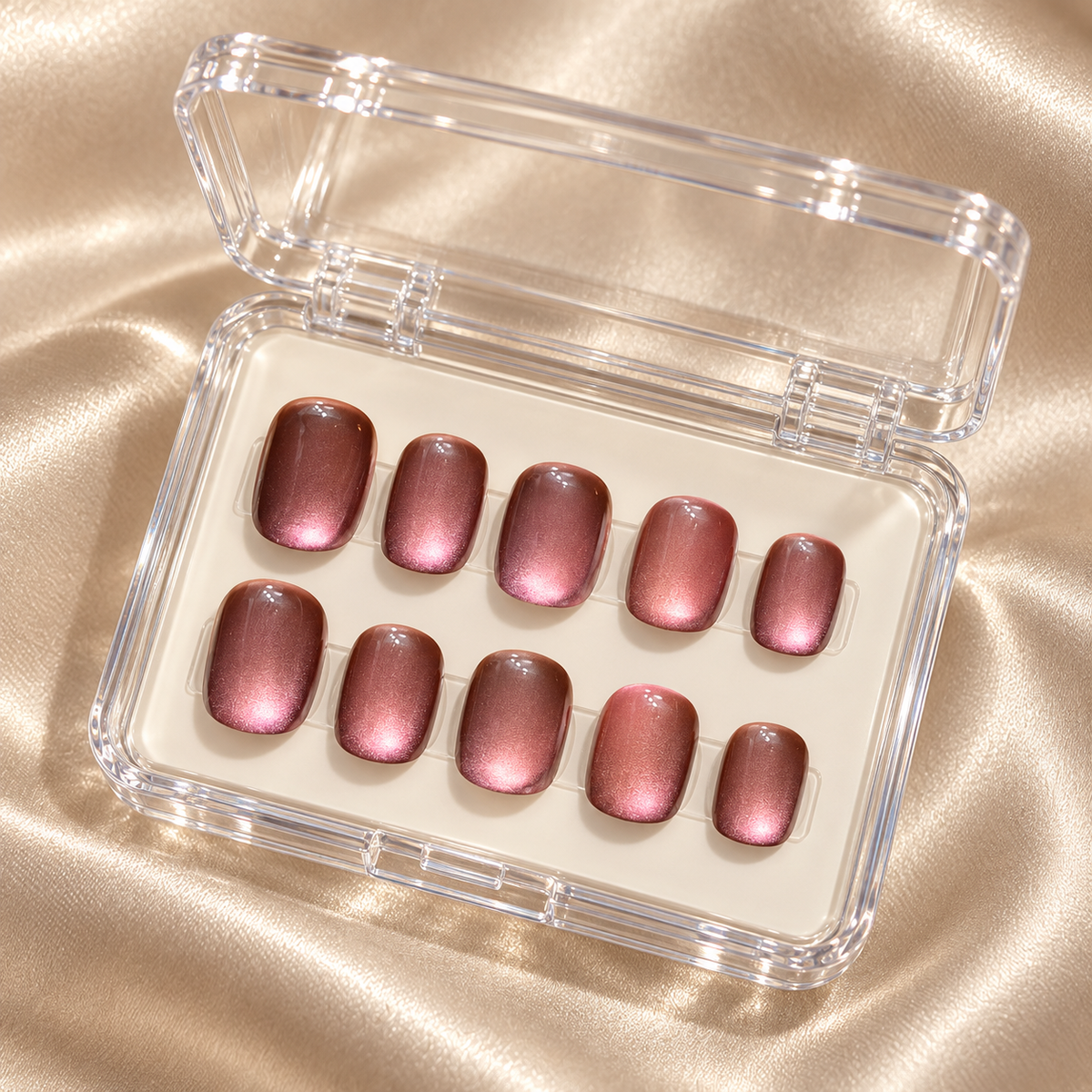 Rosewood Gleam | Burgundy Cat-Eye Short Press-On Nails