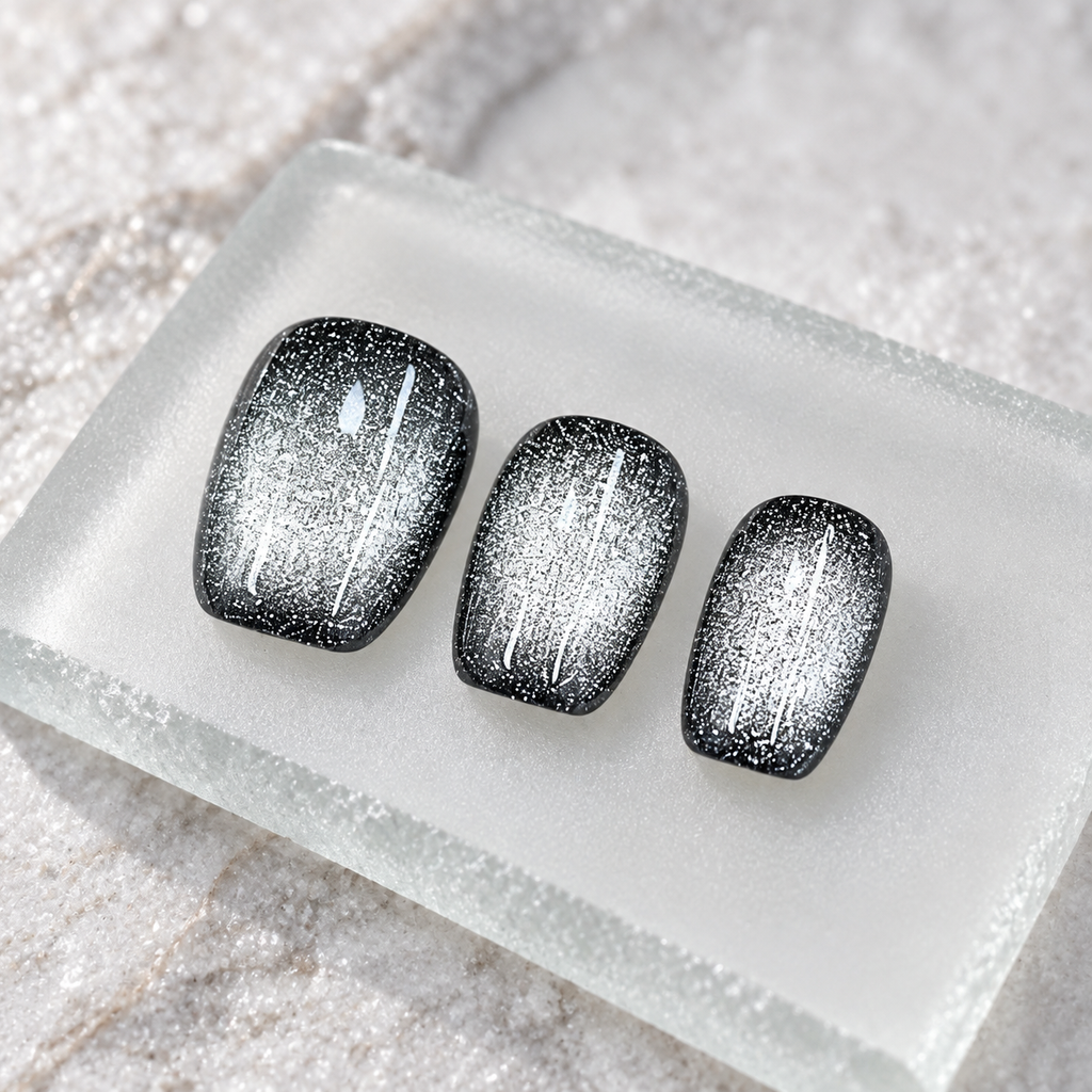 Silver Eclipse | Black & Silver Short Cat-Eye Nails