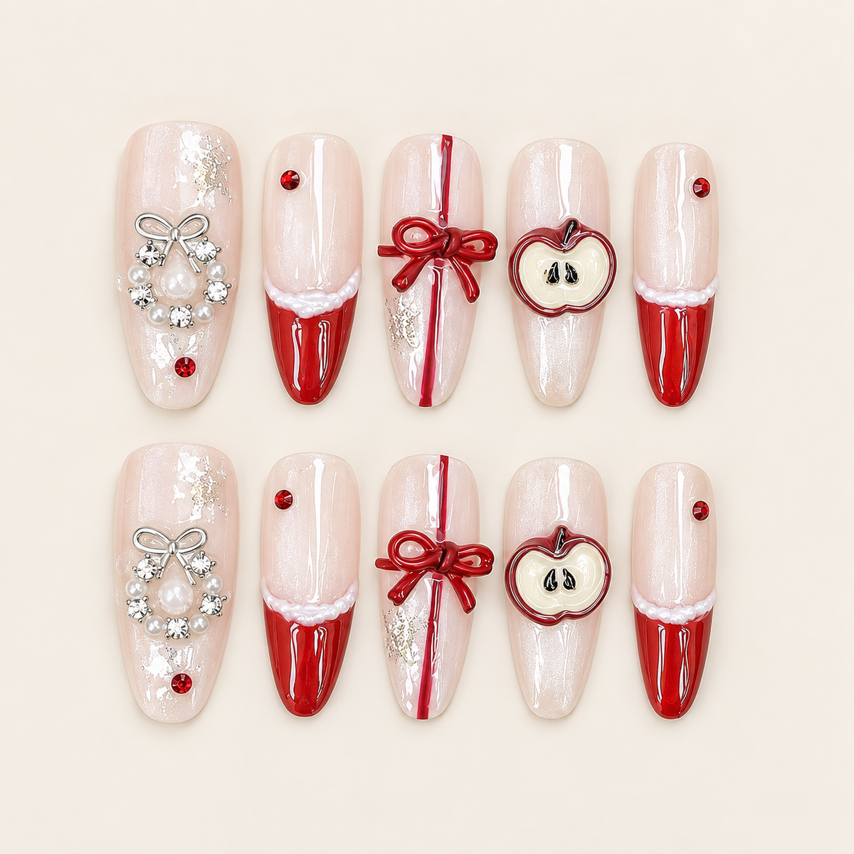 Apple Ribbon | Red French Apple & Bow Press-On Nails