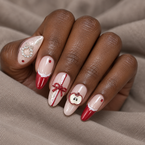 Apple Ribbon | Red French Apple & Bow Press-On Nails
