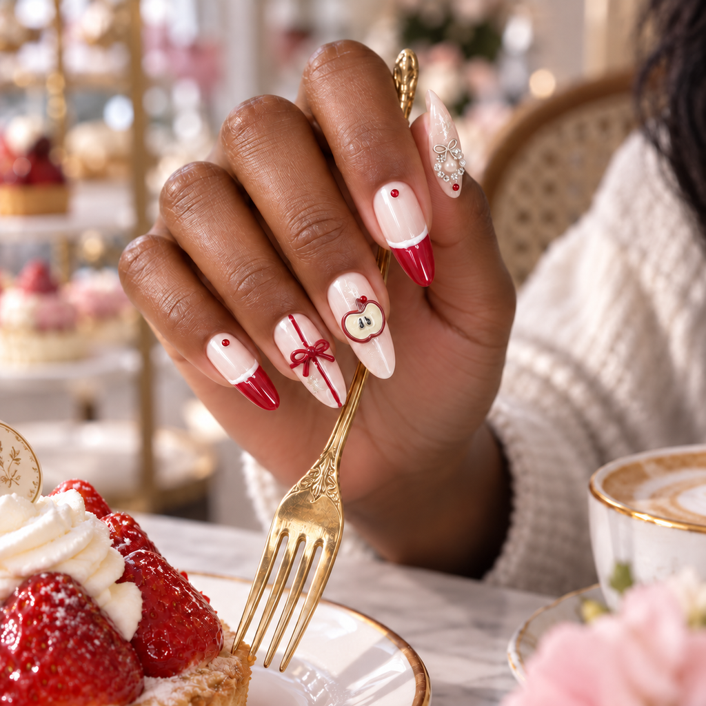 Apple Ribbon | Red French Apple & Bow Press-On Nails