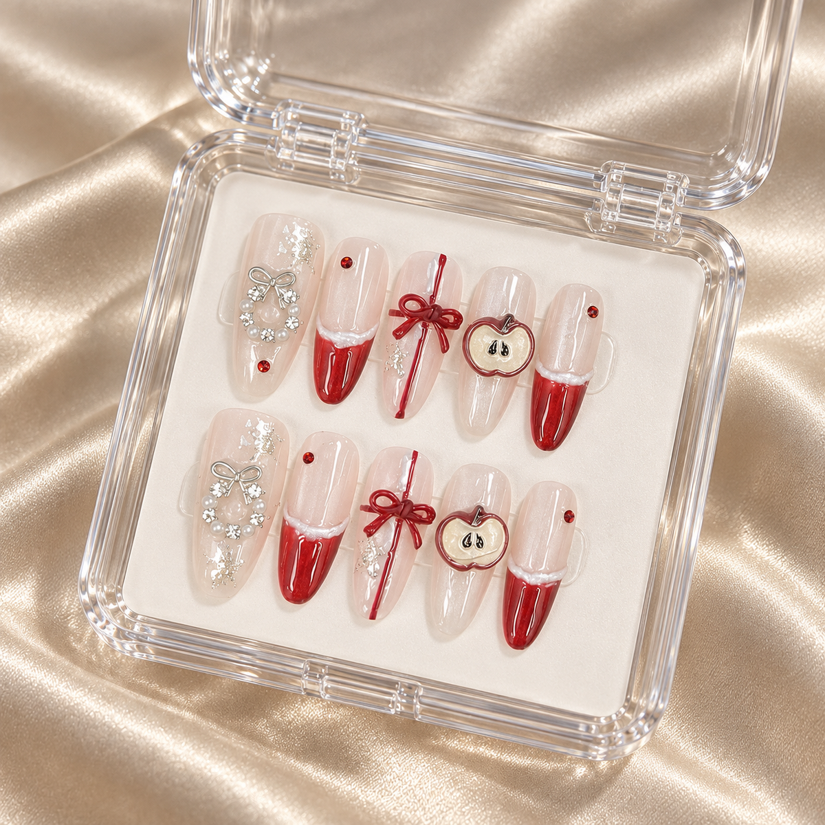 Apple Ribbon | Red French Apple & Bow Press-On Nails