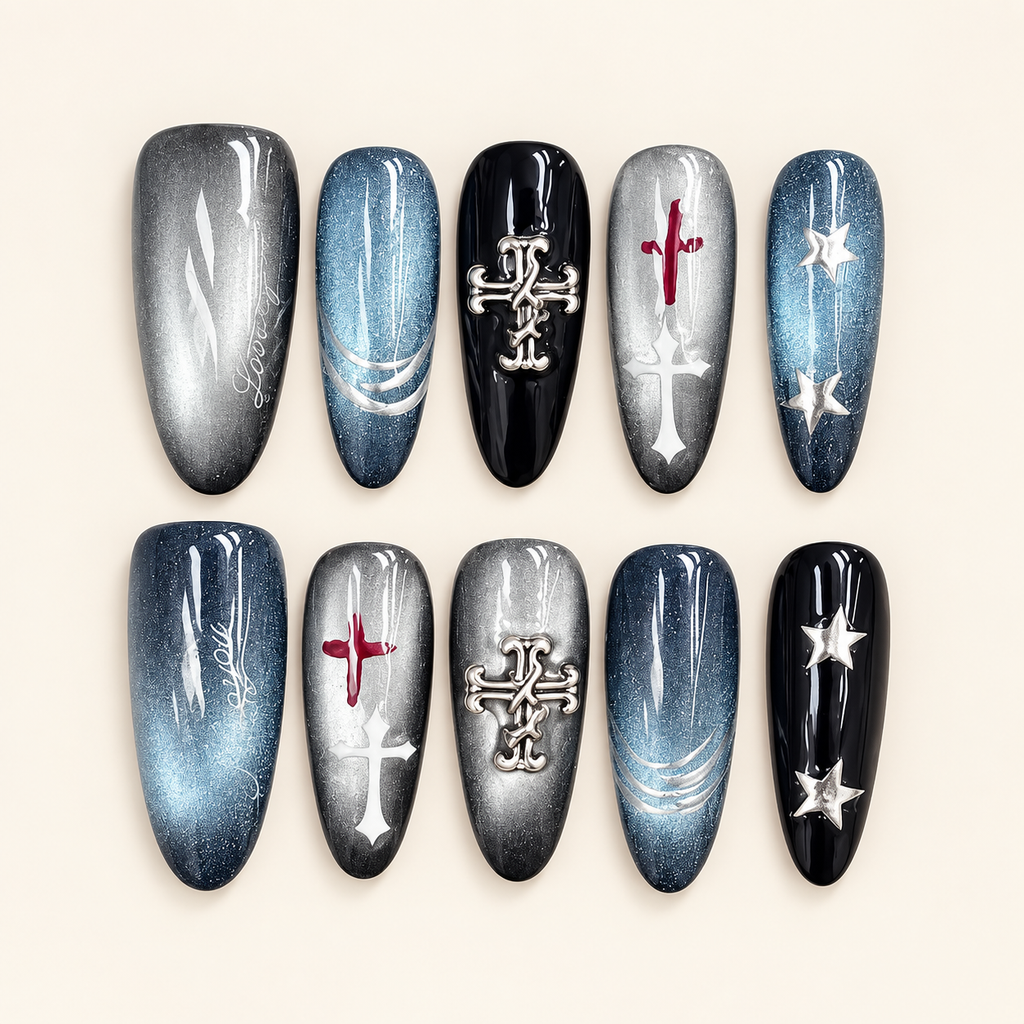Midnight Orbit | Blue & Silver Cross Press-On Nails