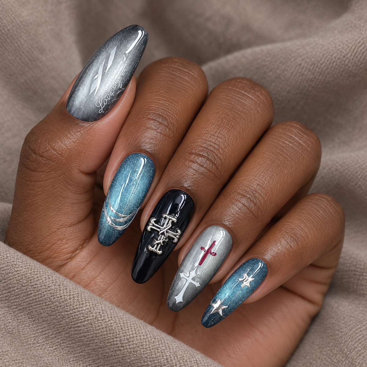 Midnight Orbit | Blue & Silver Cross Press-On Nails