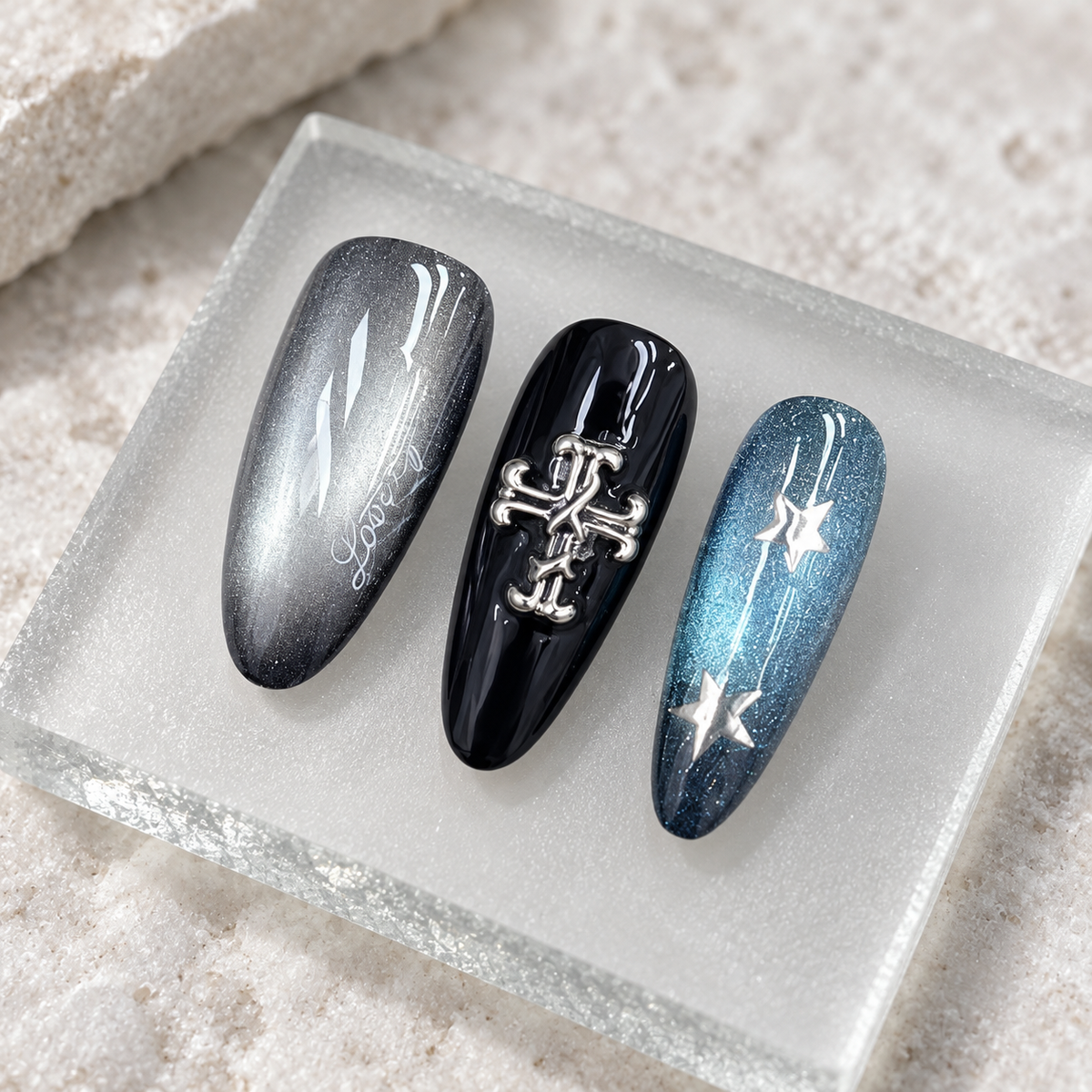 Midnight Orbit | Blue & Silver Cross Press-On Nails