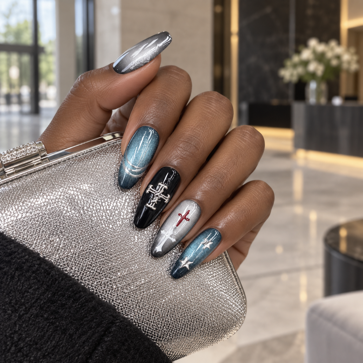 Midnight Orbit | Blue & Silver Cross Press-On Nails