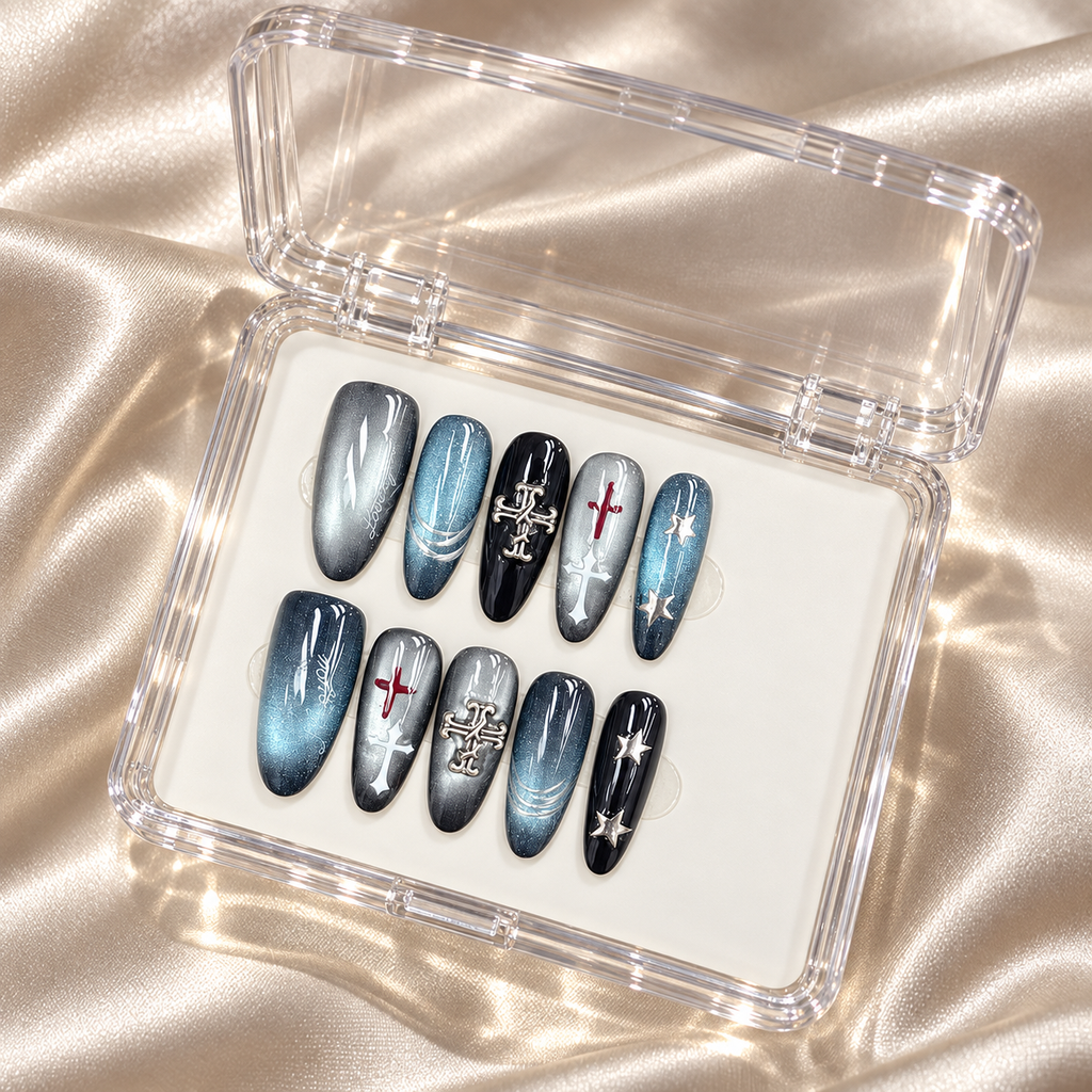 Midnight Orbit | Blue & Silver Cross Press-On Nails