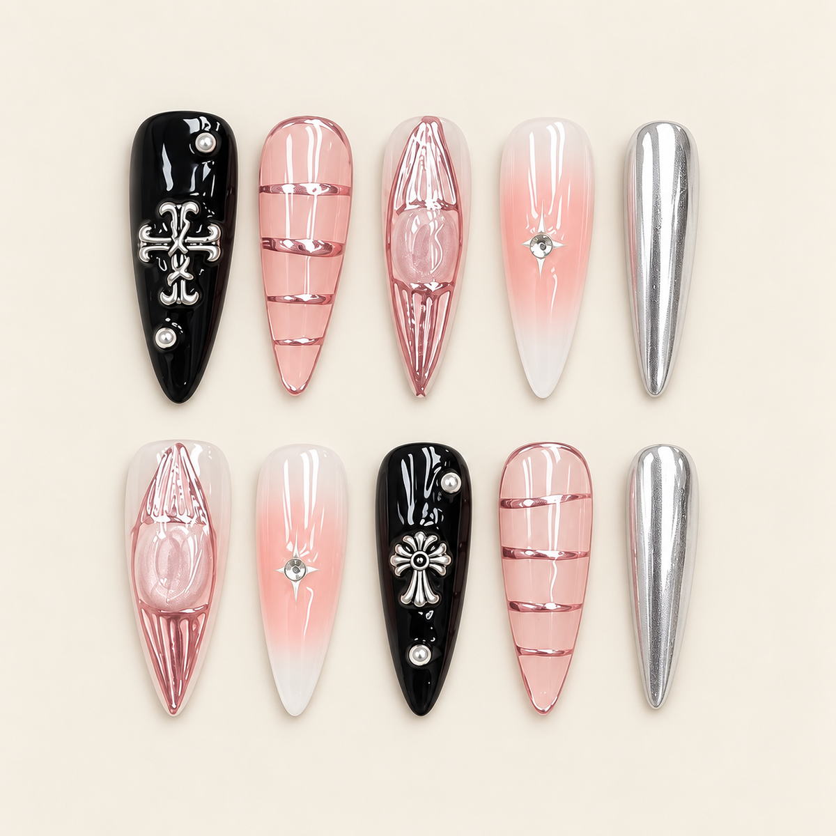 Chrome Romance | Pink & Black Cross Long Press-On Nails