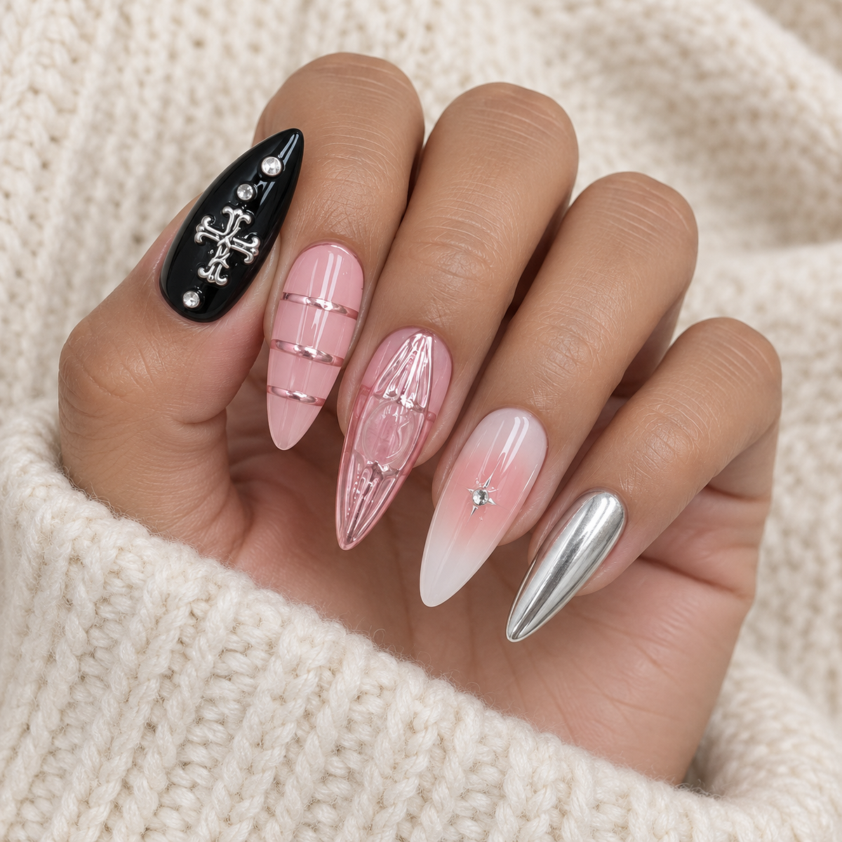 Chrome Romance | Pink & Black Cross Long Press-On Nails