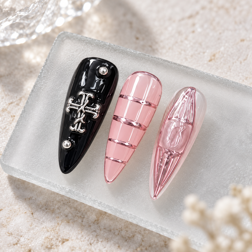 Chrome Romance | Pink & Black Cross Long Press-On Nails