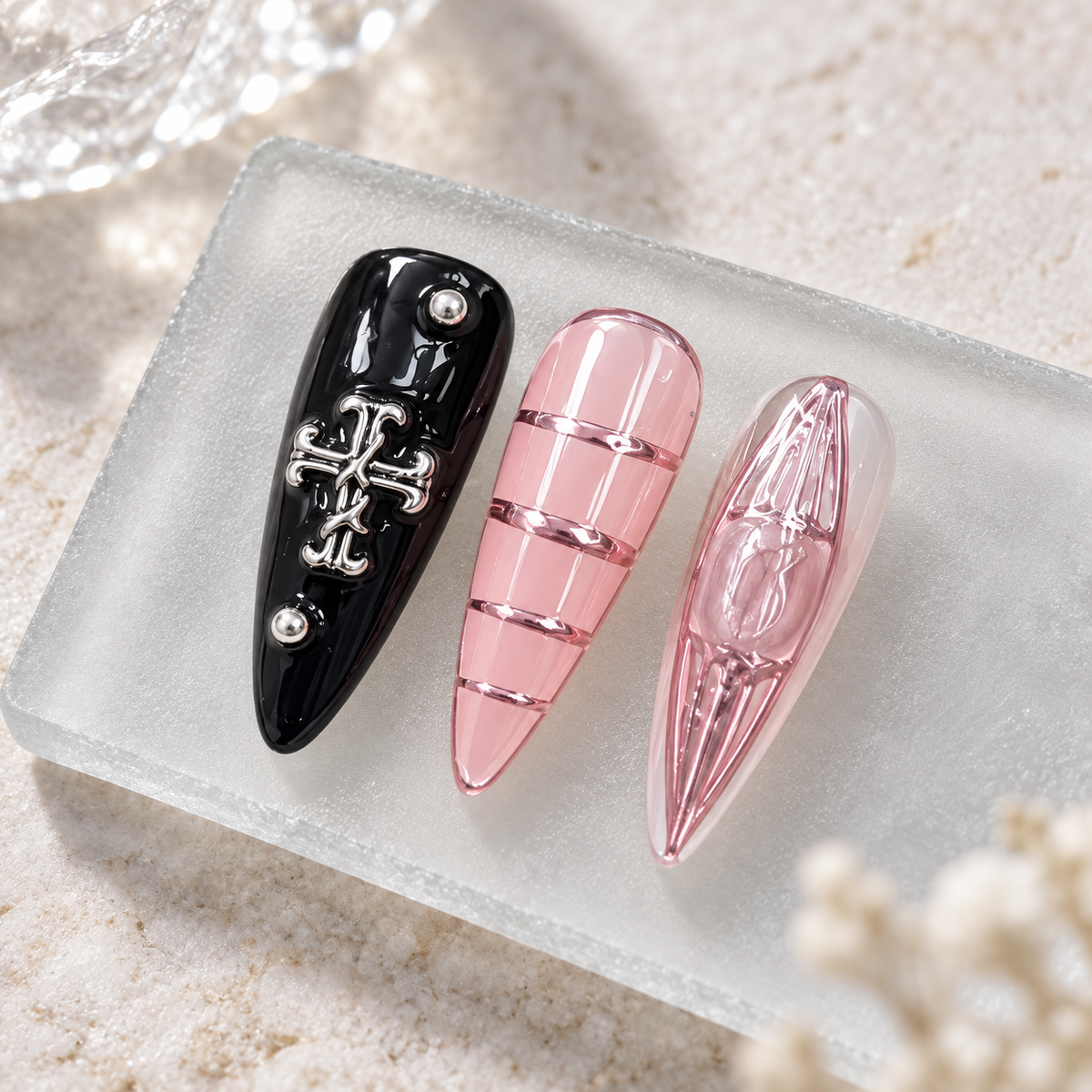 Chrome Romance | Pink & Black Cross Long Press-On Nails