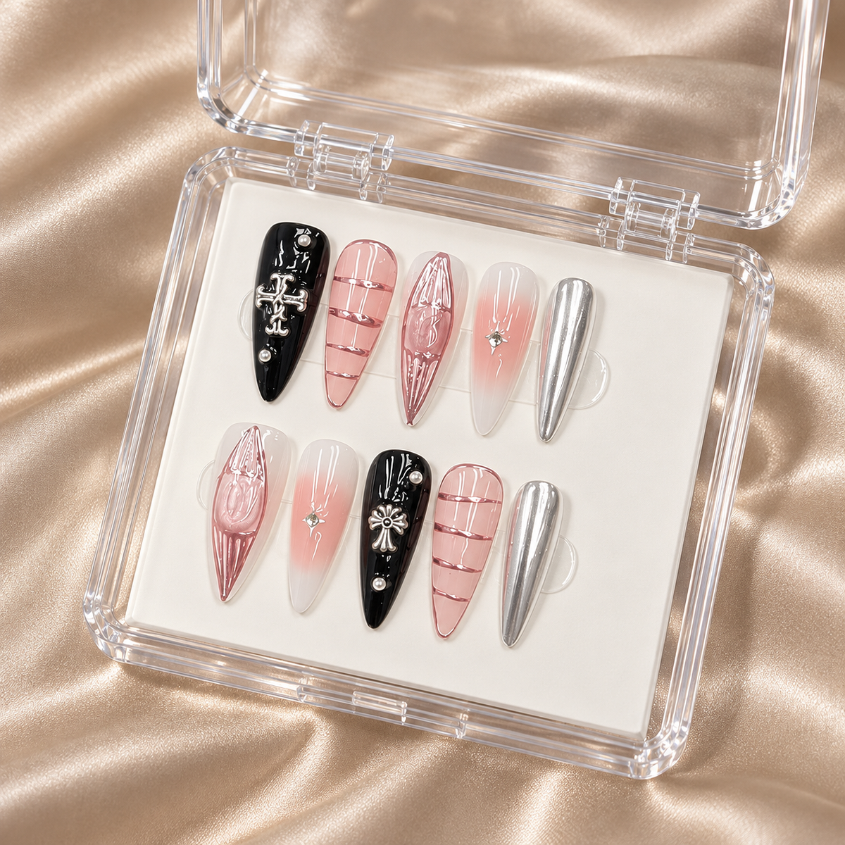 Chrome Romance | Pink & Black Cross Long Press-On Nails