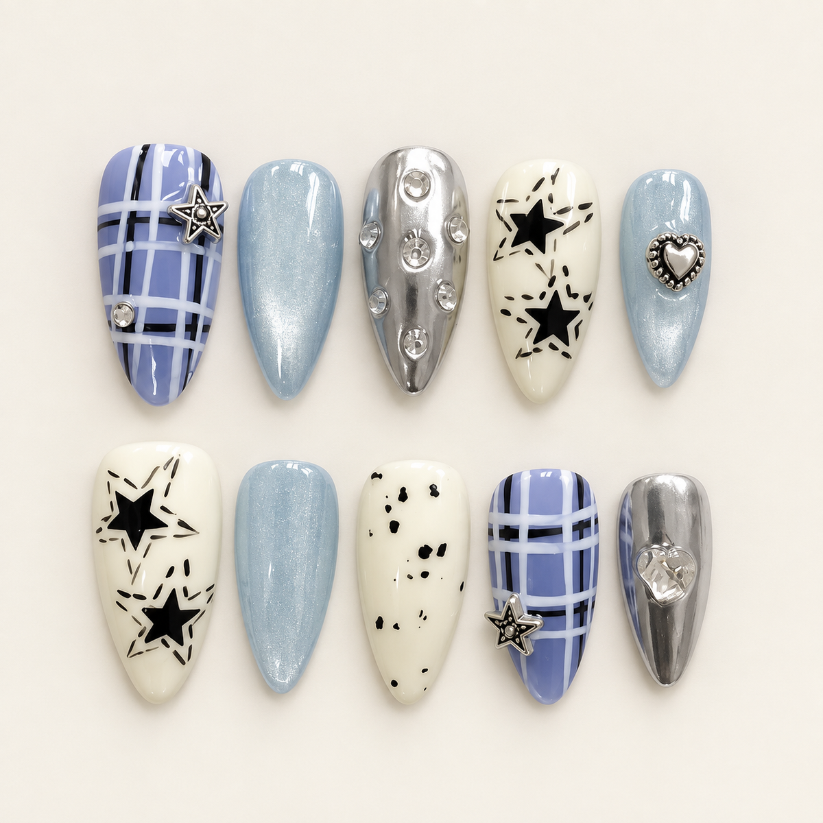 Blue Daydream | Blue Plaid & Star Press-On Nails