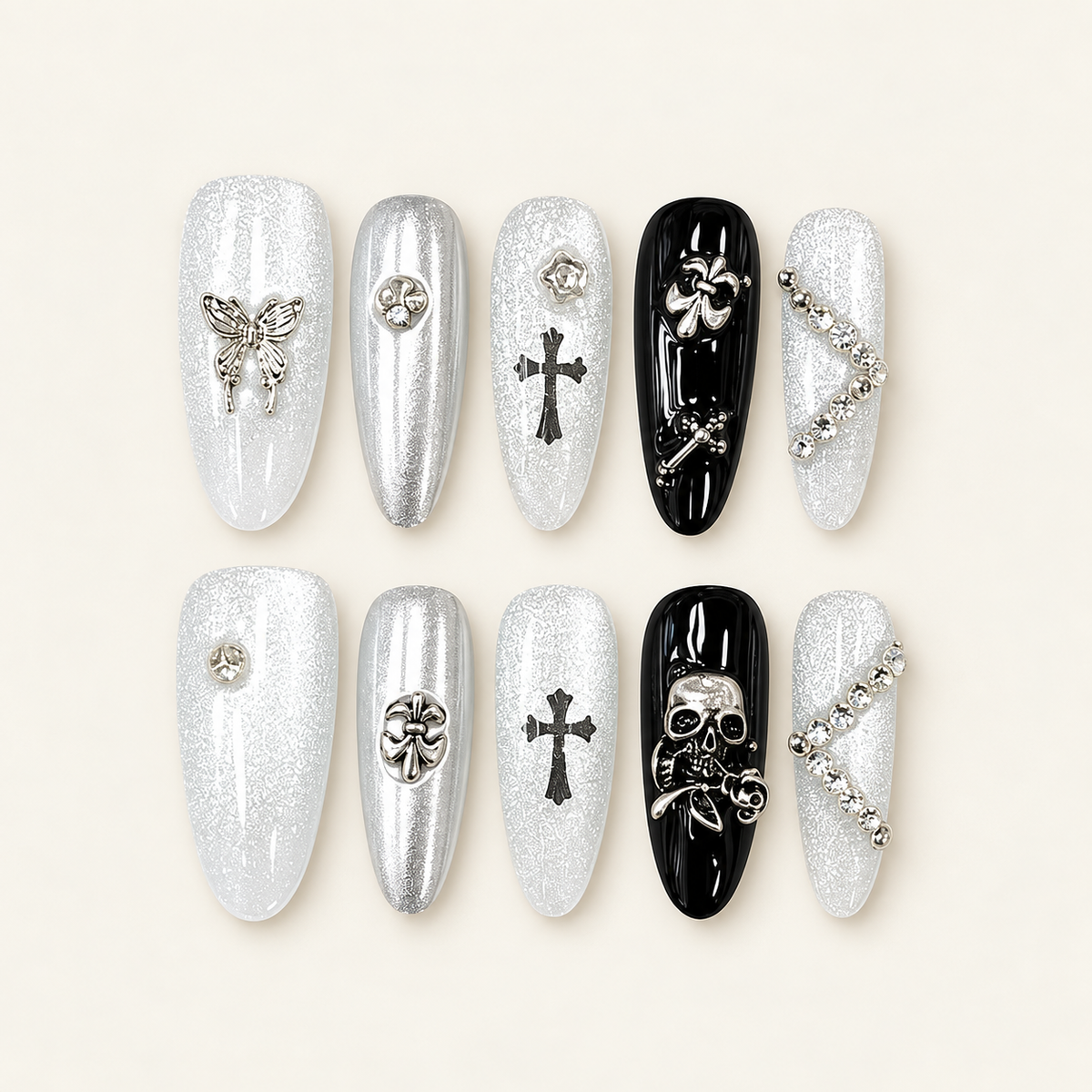 Silver Nocturne | Silver & Black Gothic Press-On Nails