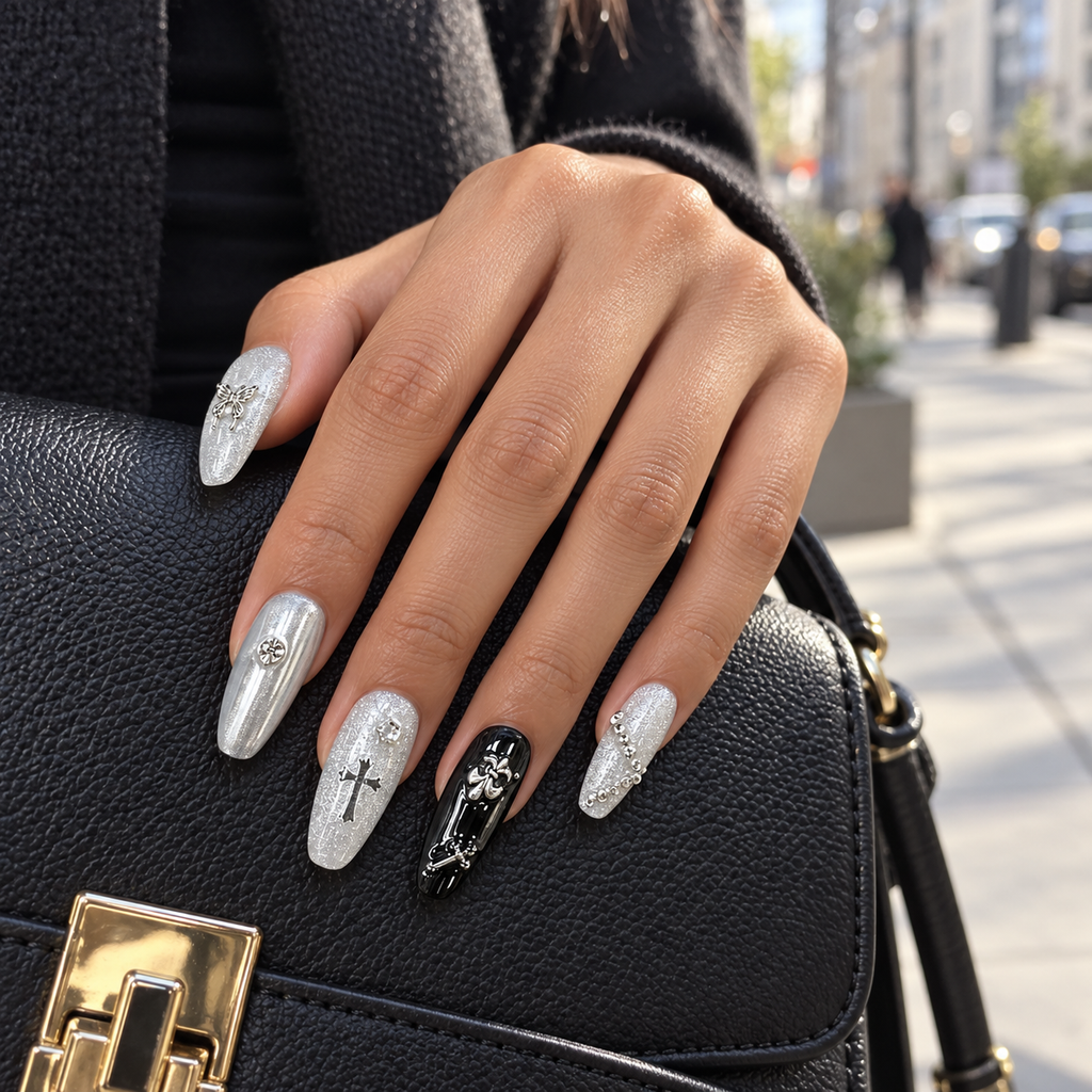 Silver Nocturne | Silver & Black Gothic Press-On Nails