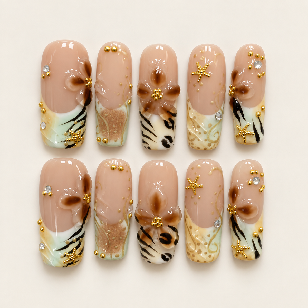 Tropical Amber | Brown Floral Square Press-On Nails