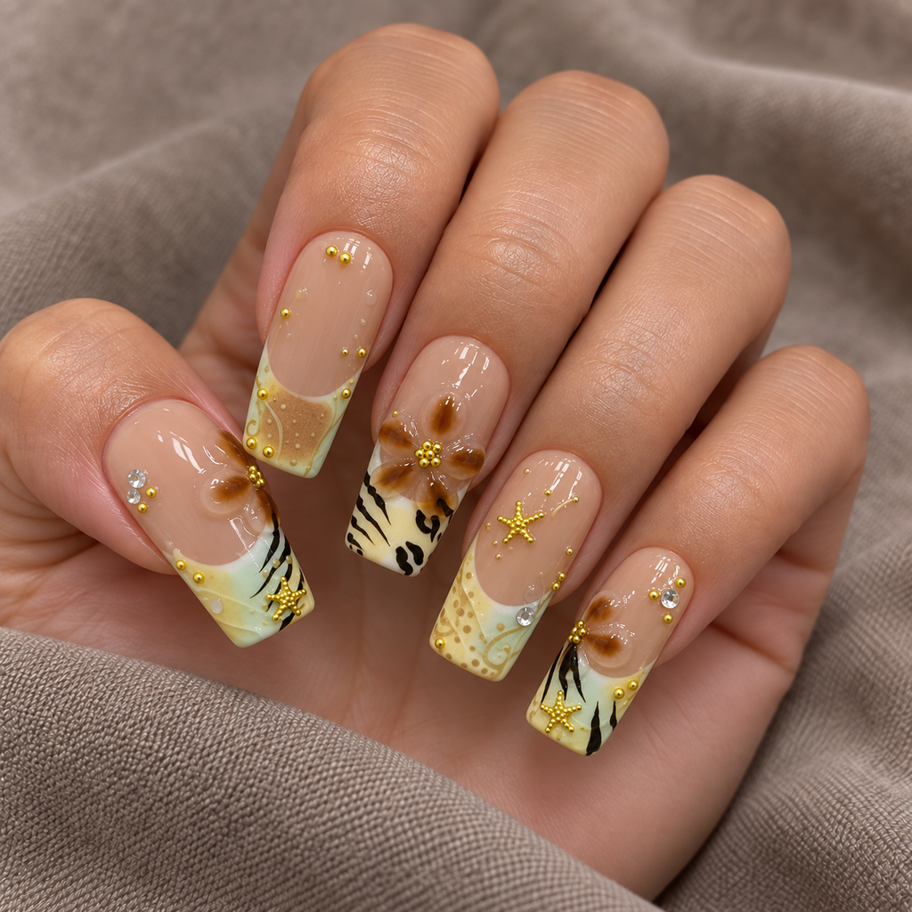 Tropical Amber | Brown Floral Square Press-On Nails