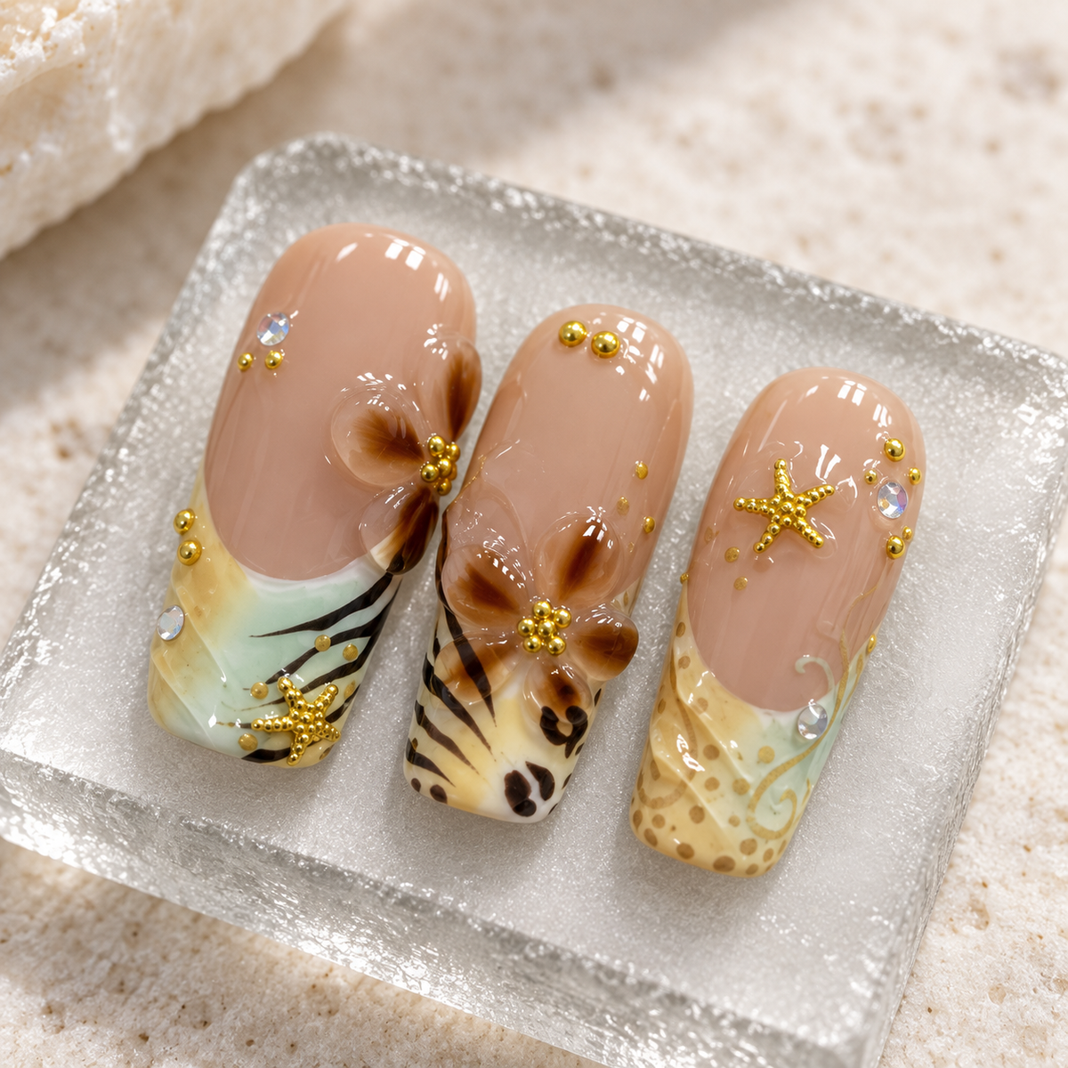 Tropical Amber | Brown Floral Square Press-On Nails