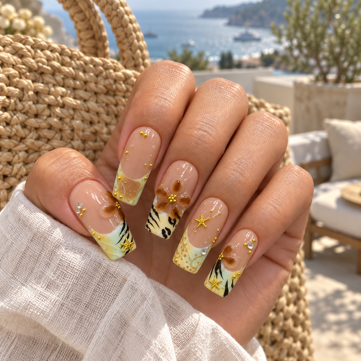 Tropical Amber | Brown Floral Square Press-On Nails