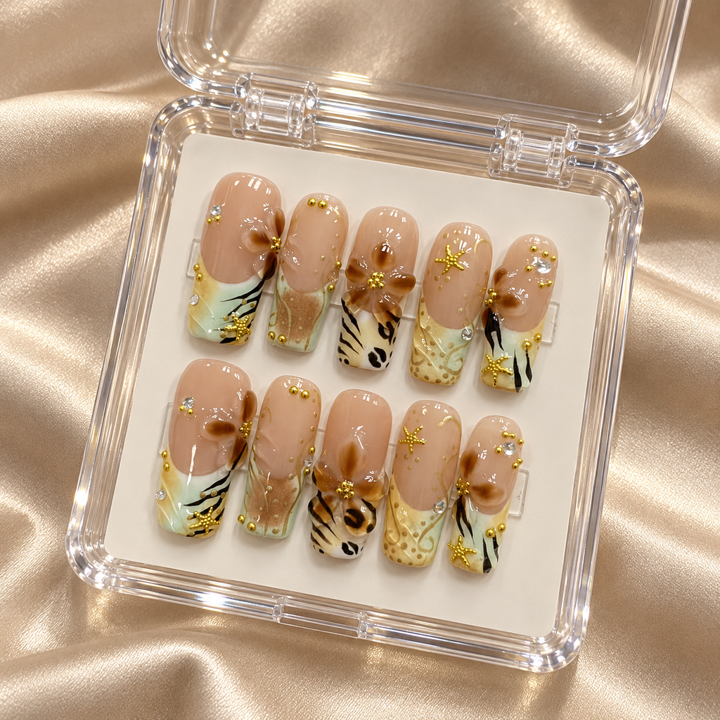 Tropical Amber | Brown Floral Square Press-On Nails