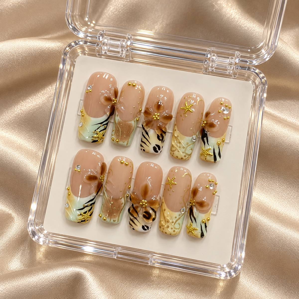 Tropical Amber | Brown Floral Square Press-On Nails