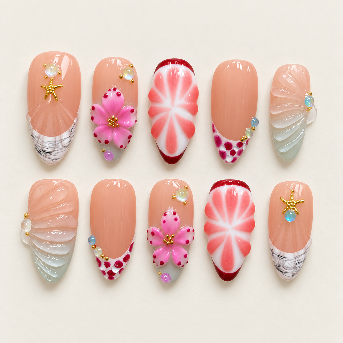 Coral Cabana | Coral Flower & Shell Press-On Nails
