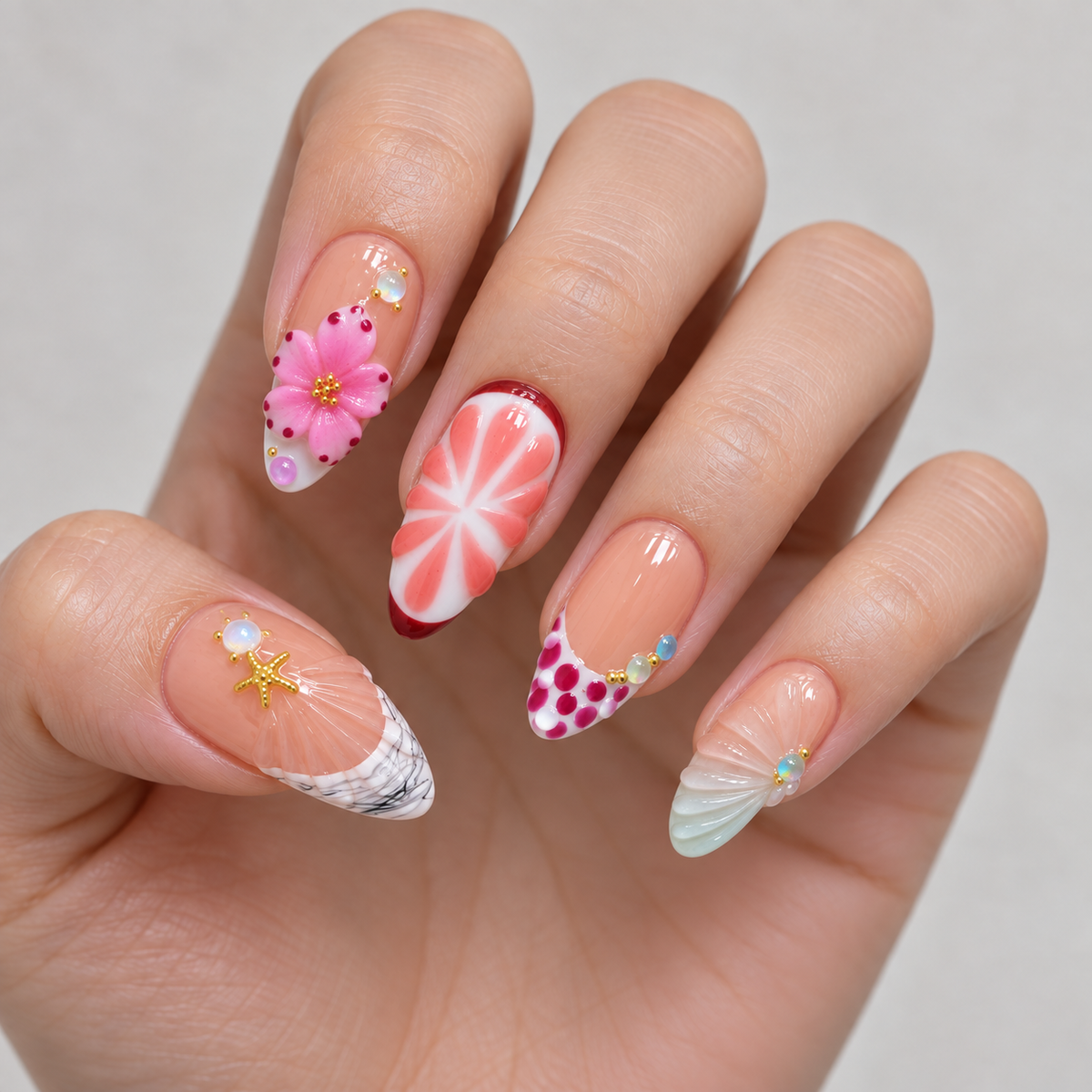 Coral Cabana | Coral Flower & Shell Press-On Nails