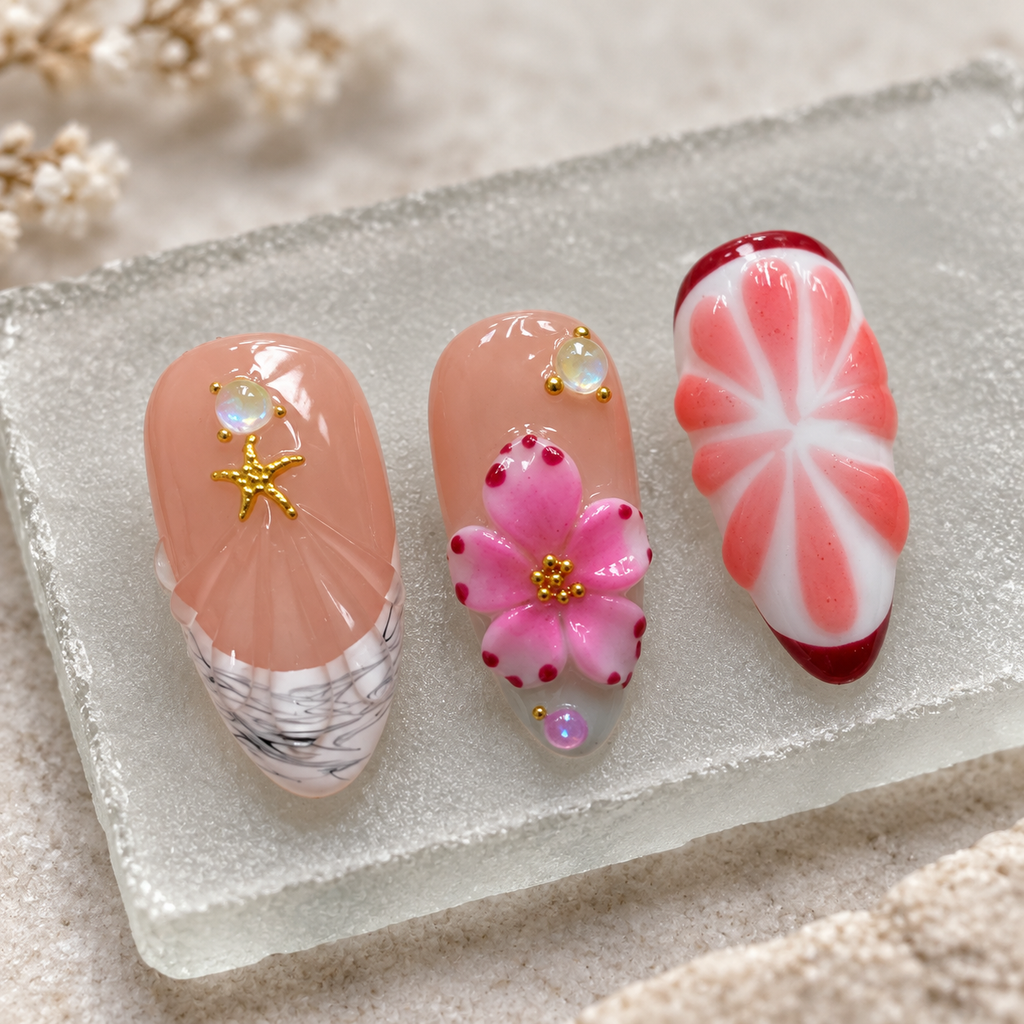 Coral Cabana | Coral Flower & Shell Press-On Nails