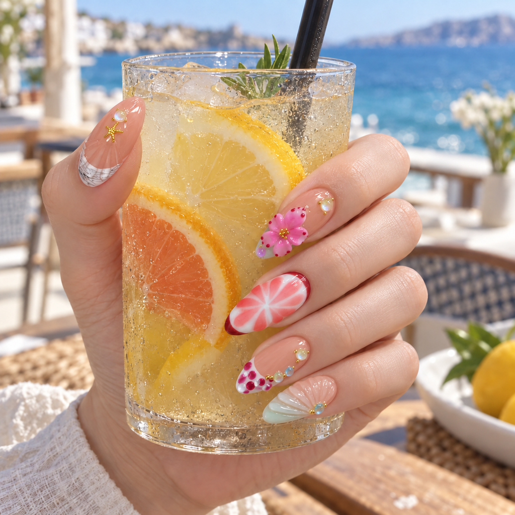 Coral Cabana | Coral Flower & Shell Press-On Nails